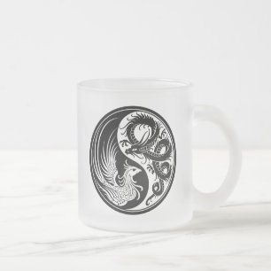 Caneca De Café Vidro Jateado Dragão branco e preto Phoenix Yin Yang