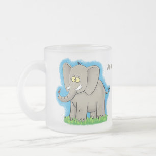 Caneca De Café Vidro Jateado Elefante engraçado bonito com pássaro na caricat