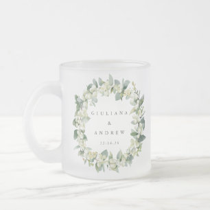 Caneca De Café Vidro Jateado Elegante Coroa de Casamento de Snowberry+Eucalipto