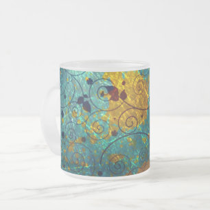 Caneca De Café Vidro Jateado Elegante Vinheta Abstrata Azul e Dourada