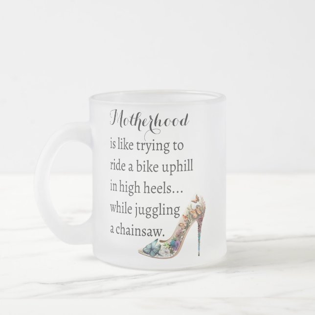 Caneca De Café Vidro Jateado Engraçado Motherhood High Heels, Biking, malabaris (Esquerda)