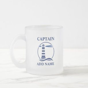 Caneca De Café Vidro Jateado Farol náutico com nome do capitão ou do barco