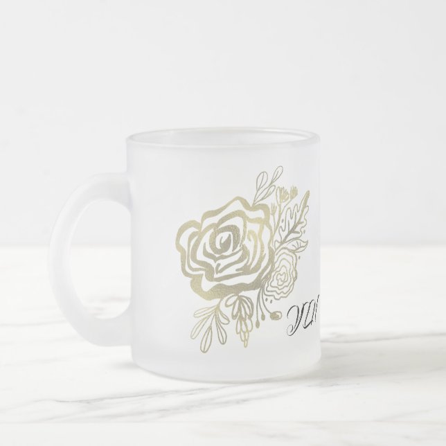 Caneca De Café Vidro Jateado Faux Dourada French Rosa Floral (Esquerda)
