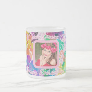 Caneca De Café Vidro Jateado Feliz Aniversário Bolhas Coloridas Bokeh Rosa Foto