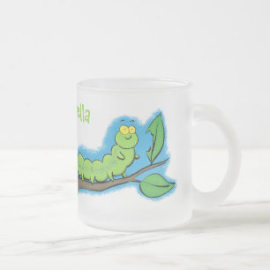 Caneca De Café Vidro Jateado Feliz desenho de cartoon verde da lagarta