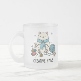 Caneca De Café Vidro Jateado Feliz Gato Branco Tricotando Fio de Lã Hobby Bebid