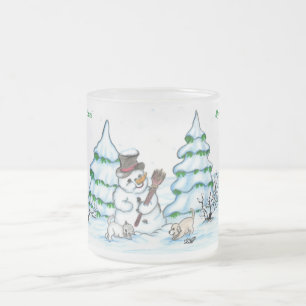Caneca De Café Vidro Jateado  Feliz Natal! Snowman com Cat e Puppy