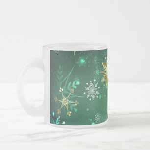 Caneca De Café Vidro Jateado Flocos de neve do Ouro Xmas em fundo verde