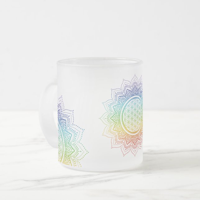 Caneca De Café Vidro Jateado Flor da vida - 7 Chakras - Arco-íris (Frente Esquerda)