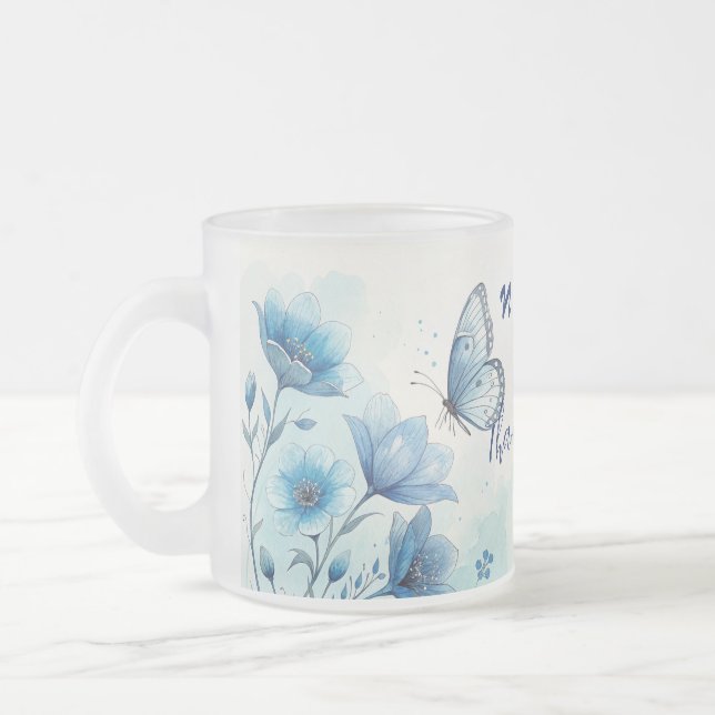 Caneca De Café Vidro Jateado Floral Azul Elegante e Borboleta Personalizada (Esquerda)