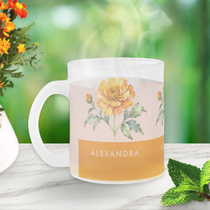 Caneca De Café Vidro Jateado Floral de Marigold Laranja Aquarela Personalizado