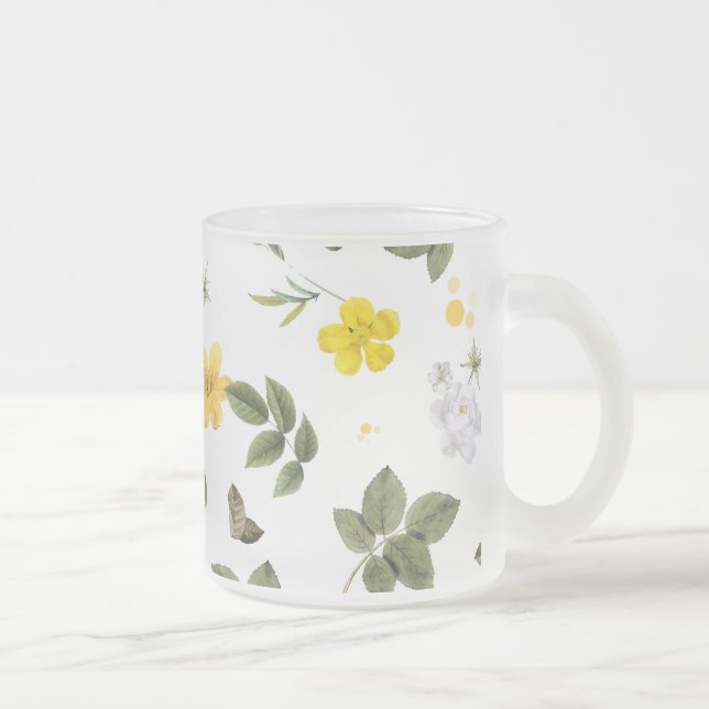 Caneca De Café Vidro Jateado Flores Amarelas e Rosas Brancas 3 (Direita)