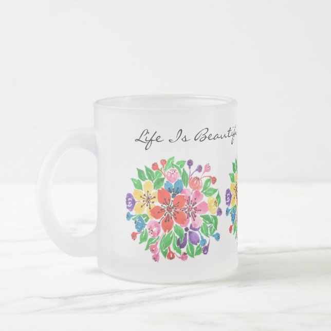 Caneca De Café Vidro Jateado Flores arco-íris de aquarela (Esquerda)