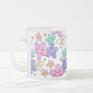 Caneca De Café Vidro Jateado flores coloridas arco-íris brilhantes abelhões flo