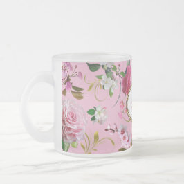 Caneca De Café Vidro Jateado Flores cor-de-rosa do monograma