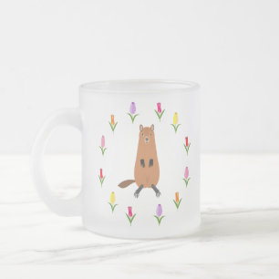 Caneca De Café Vidro Jateado Flores de Groundhog e Tulipas