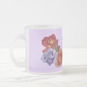 Caneca De Café Vidro Jateado flores rosas vermelhas e botões de rosa arte flora