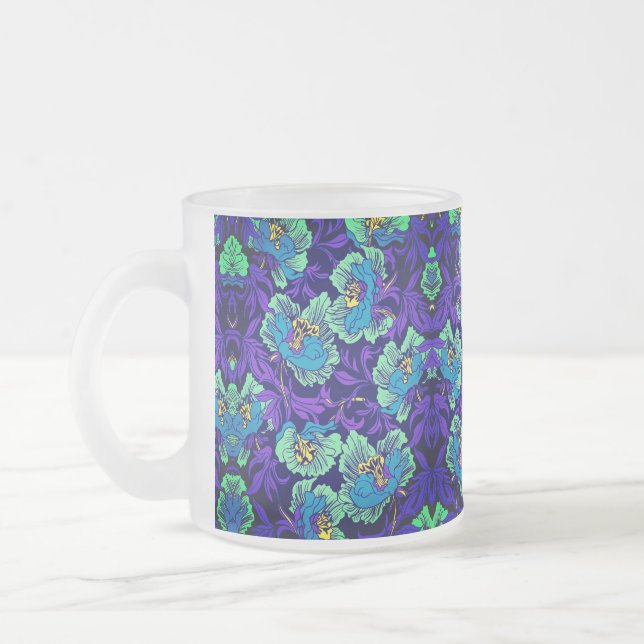 Caneca De Café Vidro Jateado Flores roxas e azuis William Morris (Esquerda)