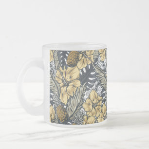 Caneca De Café Vidro Jateado Flores Tropicais Negras Douradas Elegantes de luxo