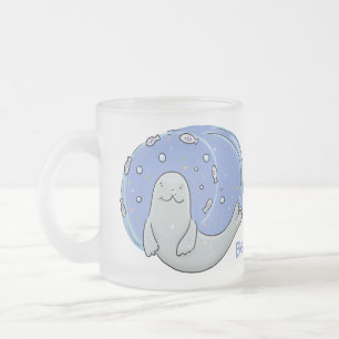 Caneca De Café Vidro Jateado Foca-branca e ilustração de desenho animado de azu
