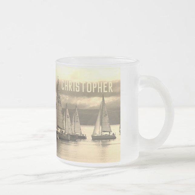 Caneca De Café Vidro Jateado Frota de iates. Adicionar Escolha de Nome. (Direita)
