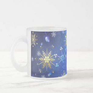 Caneca De Café Vidro Jateado Fundo Azul XMAS com Flocos de Neve Ouro