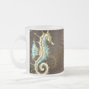 Caneca De Café Vidro Jateado Fundo de Madeira com Cavalo-Marinho Mecânico