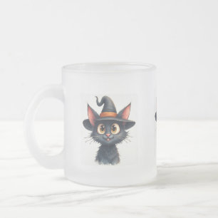 Caneca De Café Vidro Jateado Gatinho preto com grandes olhos castanhos