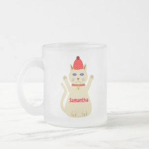 Caneca De Café Vidro Jateado Gato de Natal Fofo com Nome Personalizado