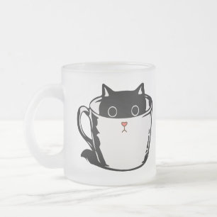 Caneca De Café Vidro Jateado Gato preto com nariz vermelho escondido em um copo