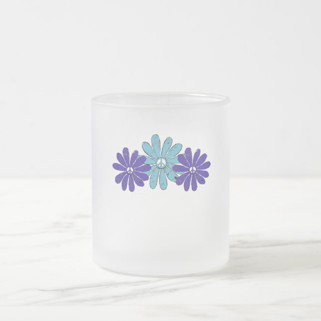 Caneca De Café Vidro Jateado Hippie - Sinal de Paz Flor Potência Aqua Roxo (Centro)