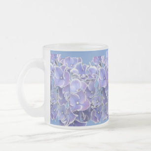 Caneca De Café Vidro Jateado Hydrangea Azul com Padrão de Borda Branca Vidro do