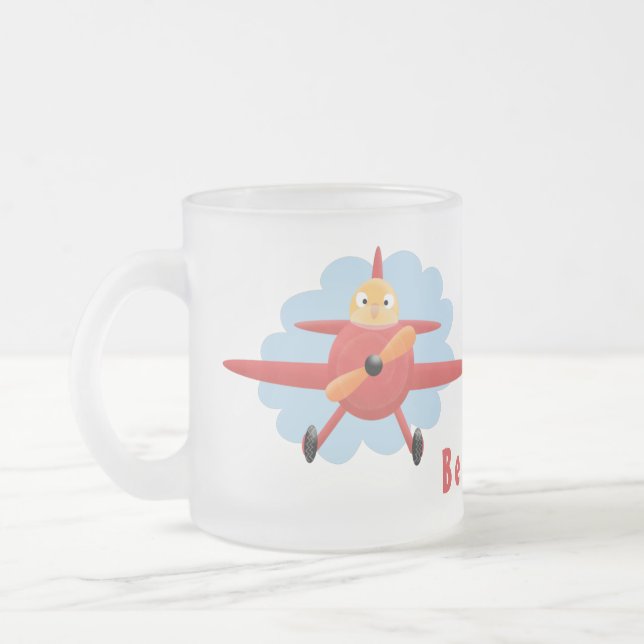 Caneca De Café Vidro Jateado Ilustração de desenho animado de avião vermelho-vo (Esquerda)
