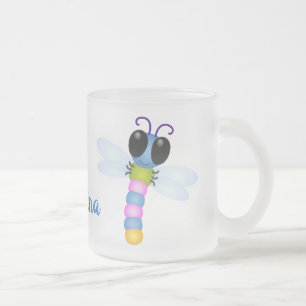 Caneca De Café Vidro Jateado Ilustração de desenho animado de libélula, azul e