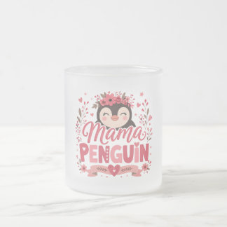 Caneca De Café Vidro Jateado Ilustração de Mãe Pinguim Floral Rosa Maternidade