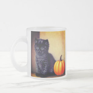 Caneca De Café Vidro Jateado Ilustração Vintage Halloween Black Kitten