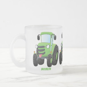Caneca De Café Vidro Jateado Imagem de desenho animado de trator fazenda verde-