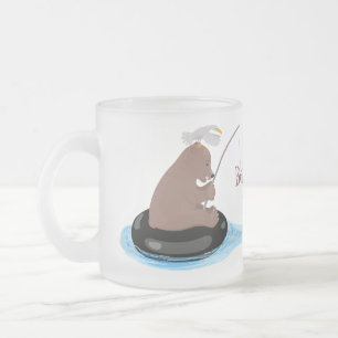 Caneca De Café Vidro Jateado Imagem do desenho animado de pesca de filhotes de 