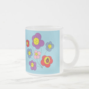 Caneca De Café Vidro Jateado Joaninha e Flores Azul