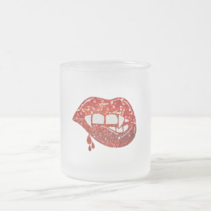 Caneca De Café Vidro Jateado Lábios de vampiro com brilho de faux com derramame