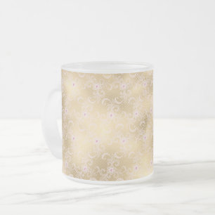 Caneca De Café Vidro Jateado Lace Floral Dourado e rosa elegante