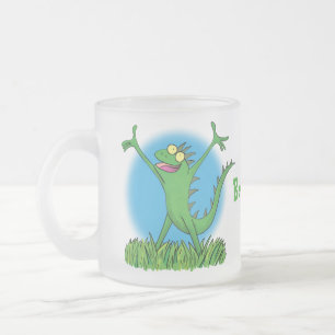 Caneca De Café Vidro Jateado Lagarto animado animado com iguana verde engraçado