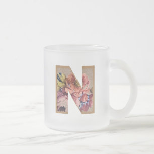 Caneca De Café Vidro Jateado Letra inicial floral russa N monograma