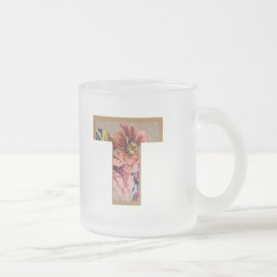 Caneca De Café Vidro Jateado Letra Inicial Floral Rústica Monograma T