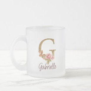 Caneca De Café Vidro Jateado Letra Personalizada G Folha Dourada Rosas Rosa Des