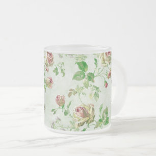 Caneca De Café Vidro Jateado Lindo padrão floral vintage rosas cor-de-rosa