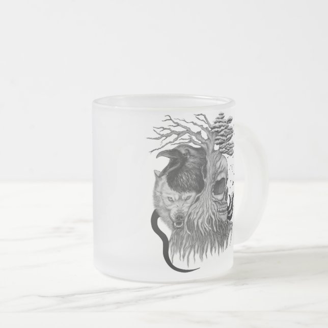 Caneca De Café Vidro Jateado Lobo e Raven com crânio (Frente Esquerda)