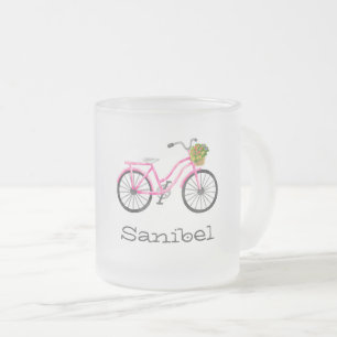 Caneca De Café Vidro Jateado Localização da bacia da flor rosa na bicicleta no