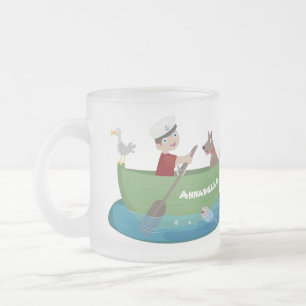 Caneca De Café Vidro Jateado Marinheiro e cartoon de barco a remos de cãozinho