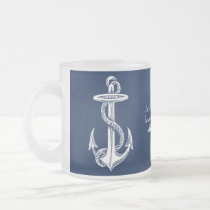 Caneca De Café Vidro Jateado Marinho de Âncora Branco Vintage Fundo Azul